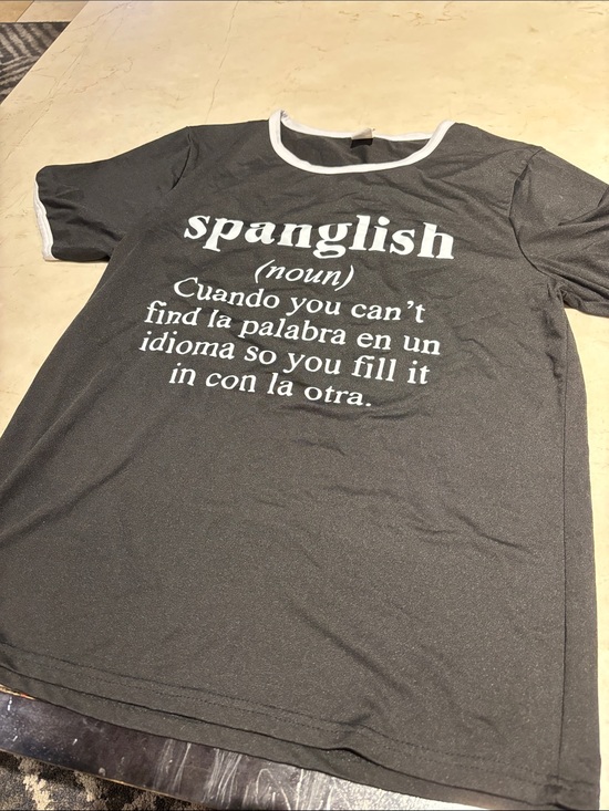 Tops - Spanglish Graphic Ringer T-Shirt - Black with White Trim